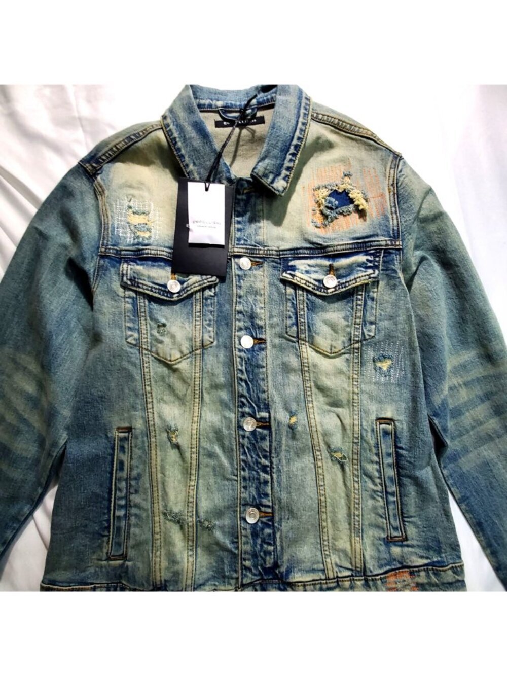 Embellish Mens Distressed Denim Jacket Size Large Blue Style EMBF121-200 NWT - Picture 3 of 15